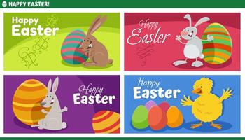 cartoon Easter bunnies and chick with painted eggs greeting cards set vector