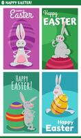 cartoon Easter bunnies with painted eggs greeting cards set vector