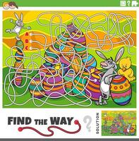 maze game with cartoon Easter bunnies and chick on Easter time vector