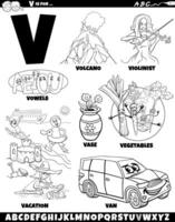 Letter V set with cartoon objects and characters coloring page vector