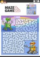 maze activity with cartoon robots or droids characters vector