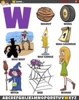 Letter W set with cartoon objects and characters vector