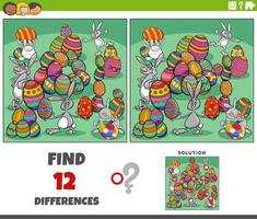 differences game with cartoon Easter bunnies with colored eggs vector