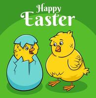 dibujos animados Pascua de Resurrección polluelo eclosión desde huevo saludo tarjeta vector