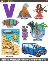 Letter V set with cartoon objects and characters vector