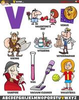 Letter V set with cartoon objects and characters vector