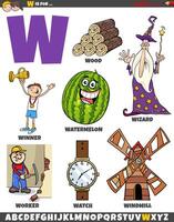 Letter W set with cartoon objects and characters vector