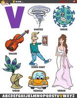 Letter V set with cartoon objects and characters vector