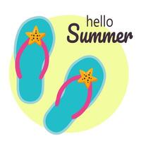 Hello summer. Beach slippers with starfish. Summer flip flops. Vector illustration in flat style