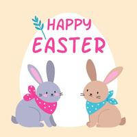 Two cute rabbits. Happy easter. Vector illustration in flat style