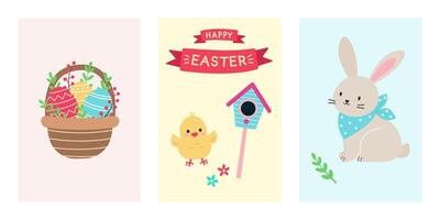 Set of cards with Easter elements. Rabbit and chicken, basket with eggs and birdhouse. Festive ribbon with inscription. Flat vector illustration.