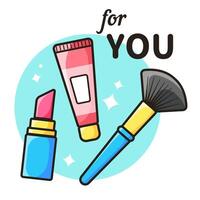 Set of decorative cosmetics. Foundation, lipstick and brush. Packaging for cosmetic products. Vector illustration in flat style