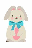 Cute flat illustration of rabbit. Rabbit with a blue bow. Easter bunny. Spring illustration. vector