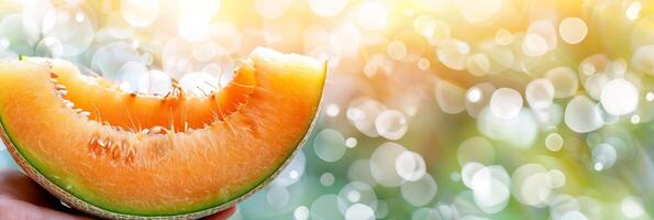 AI generated Hand holding cantaloupe slice with fresh selection on blurred background and copy space photo