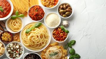 AI generated Assorted spaghetti dishes on white background with various pasta shapes and sauces, ready for text. photo