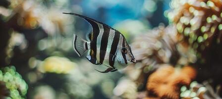 ai generado árabe ídolo pescado nadando entre vibrante corales en un cautivador agua salada acuario monitor foto