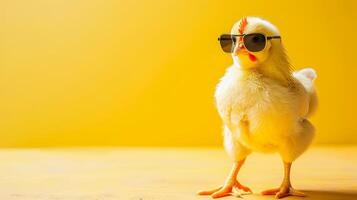 ai generado de moda pollo deportivo Gafas de sol en contra un pastel fondo, ofrecimiento amplio habitación para texto colocación foto