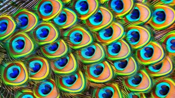 AI generated Detailed close up of vibrant peacock feathers forming a stunning and colorful background photo