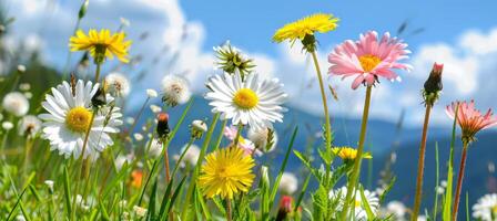 AI generated A serene meadow with white and pink daisies and golden dandelions in soft evening light photo