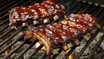AI generated Sizzling american bbq ribs on grill with smoke rising over natural charcoal fire photo