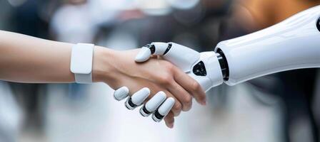 AI generated Woman and robot hands shake, symbolizing technology and humanity collaboration on blurred background photo