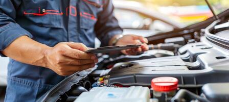 AI generated Expert car mechanic s skilled hands repairing vehicle in professional auto repair service photo