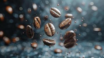 AI generated Premium roasted coffee beans levitating on a dark background for coffee enthusiasts and cafes. photo