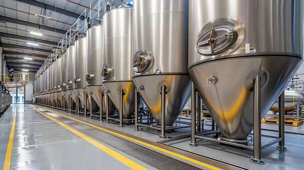 AI generated Modern winery with engineers monitoring stainless steel tanks under cool led lights photo