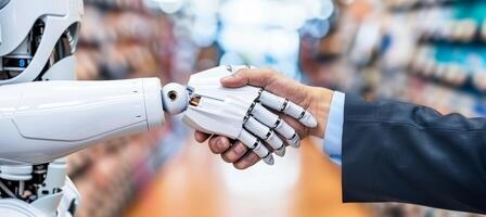 AI generated Human and robot hands shake in close up encounter, symbolizing technology and humanity converging photo