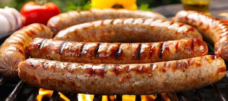 AI generated Sumptuous barbecue dinner with golden grilled sausages on a tidy table   realistic food photography photo