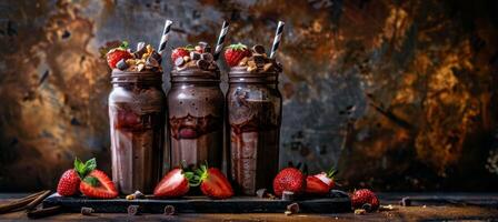 AI generated Professional food photography of gourmet chocolate and strawberry milkshakes for enticing visuals photo