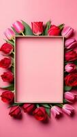 AI Generated tulips frame, pink background, march 8, story, vertical format photo