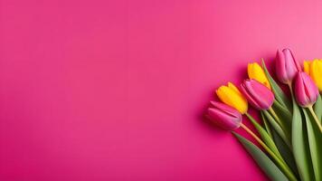 ai generado ramo de flores de rosado y amarillo tulipanes en un rosado antecedentes foto