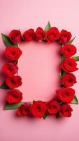 AI Generated frame of red roses, pink background, March 8, story, vertical format photo