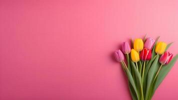ai generado bandera, tulipanes, flores, marzo 8, rosado bandera, sitio para texto, antecedentes con flores, bandera foto