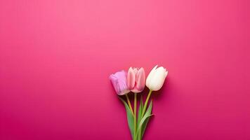 ai generado rosado y blanco tulipanes en rosado antecedentes. parte superior vista, Copiar espacio foto
