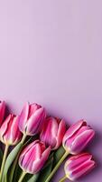 ai generado tulipán flores en un pastel lavanda antecedentes foto