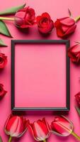 AI Generated frame of flowers, mocap for picture, photo, pink background, vertical format photo