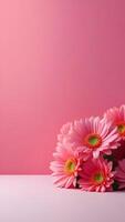 AI Generated  minimalistic background for Instagram, story format, pink background with flowers photo