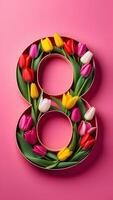 ai generado número en el formar de flores forrado con tulipanes rosado antecedentes vertical formato foto