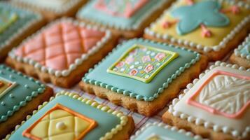 AI generated Colorful cookies with vintage quilt pattern icing in blue and pink on multi colored dough background photo