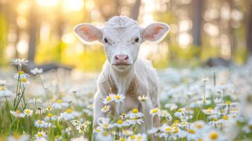 AI generated Serene farm animal scene  young calf grazing in daisy field on a beautiful summer day photo