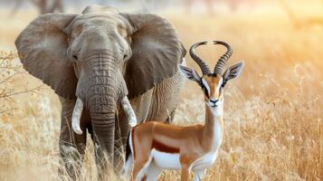 ai generado armonioso encuentro elefante y gacela en dorado sabana a amanecer africano fauna silvestre santuario anuncio foto