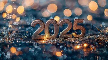 AI generated 2025 new year holiday greeting card with big golden numbers, fireworks, and bokeh on dark background photo