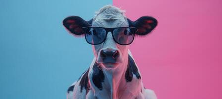 ai generado elegante vaca en Gafas de sol en pastel estudio fondo, radiante un juguetón y de moda esencia. foto