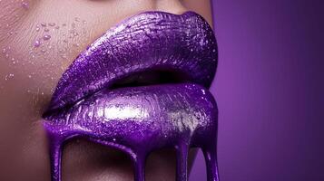 AI generated Purple smudges and drips on model s face, lips, and nails with metallic skin makeup photo