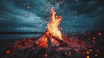 AI generated Vibrant campfire scene with flames and sparks at a lively tourist campsite during the night photo