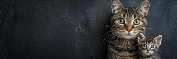 AI generated Male marbled cat and kitten portrait with empty space on left for text, object on right side photo