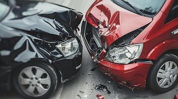 AI generated Two cars damaged in head on collision on street, vehicle crash scene with wrecked cars after impact photo