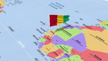 Guinea Flag Waving in Wind, World Map Rotating around Flag, Seamless Loop, 3D Rendering video